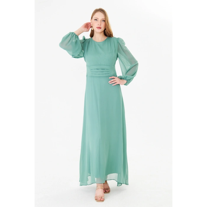 Balon Kollu Pileli Şifon Maxi Elbise – Astarlı Zarif Tasarım