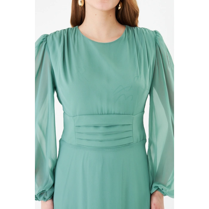 Balon Kollu Pileli Şifon Maxi Elbise – Astarlı Zarif Tasarım