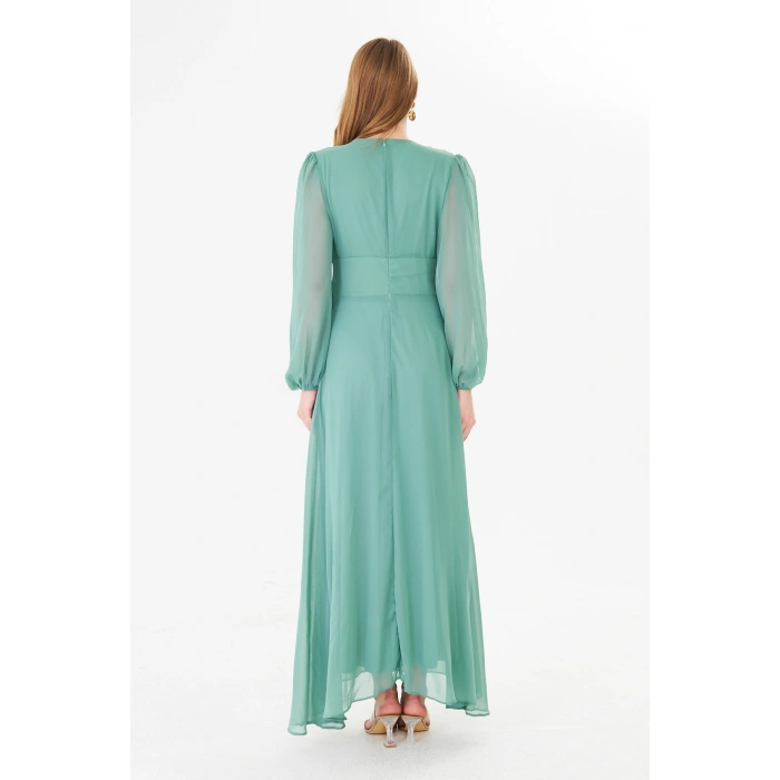 Balon Kollu Pileli Şifon Maxi Elbise – Astarlı Zarif Tasarım