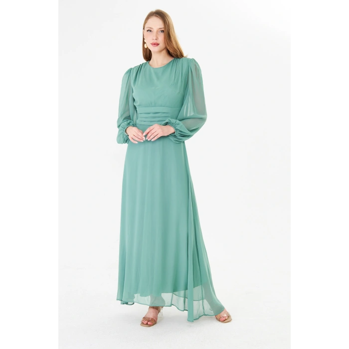 Balon Kollu Pileli Şifon Maxi Elbise – Astarlı Zarif Tasarım
