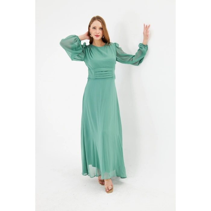 Balon Kollu Pileli Şifon Maxi Elbise – Astarlı Zarif Tasarım