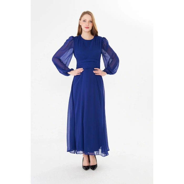 Balon Kollu Pileli Şifon Maxi Elbise – Astarlı Zarif Tasarım