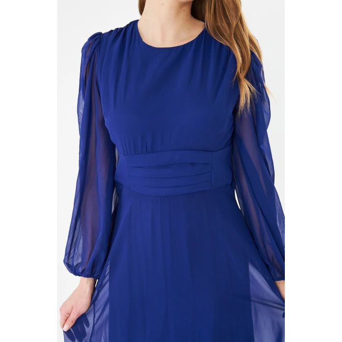 Balon Kollu Pileli Şifon Maxi Elbise – Astarlı Zarif Tasarım