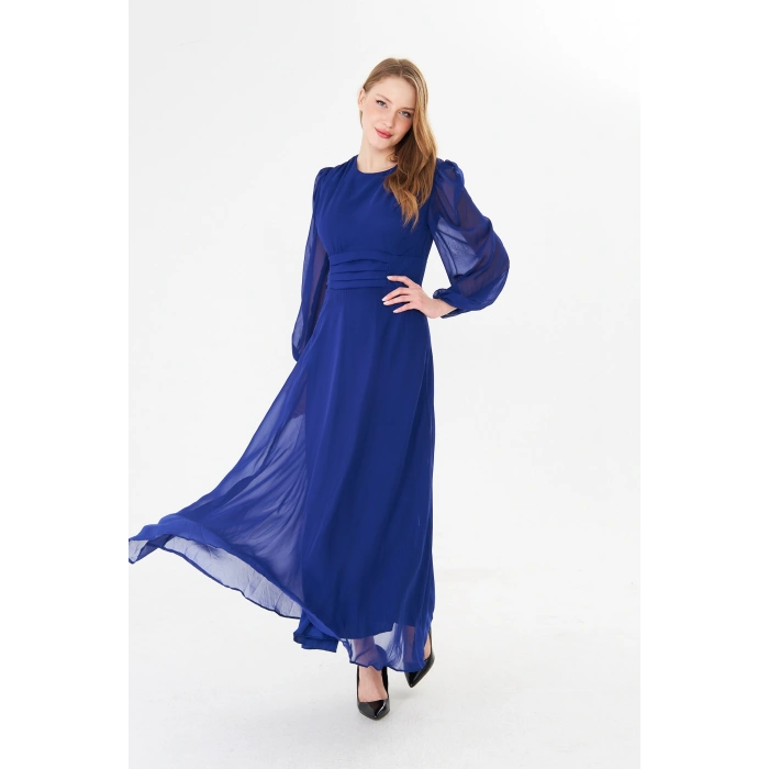 Balon Kollu Pileli Şifon Maxi Elbise – Astarlı Zarif Tasarım