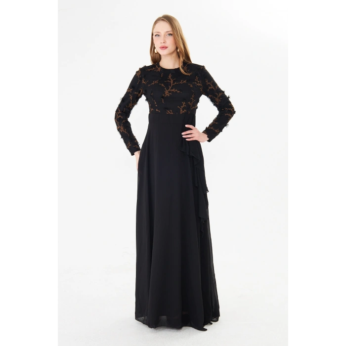 Kadın İşlemeli Uzun Kollu Maxi Şifon Abiye Elbise