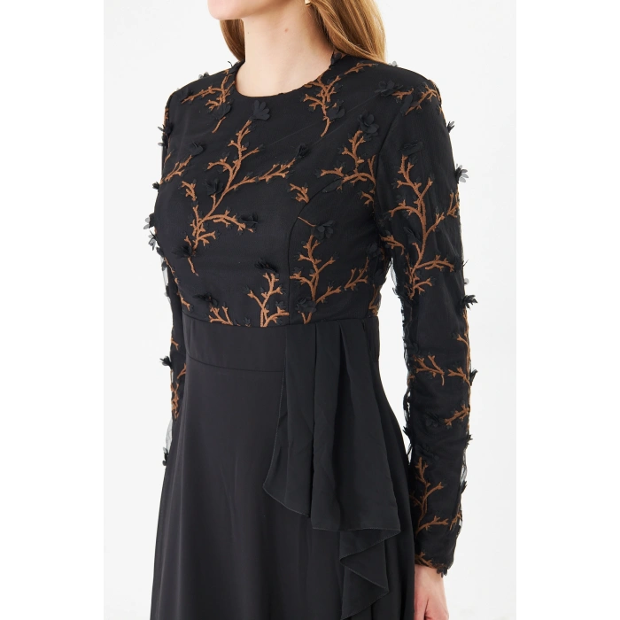 Kadın İşlemeli Uzun Kollu Maxi Şifon Abiye Elbise