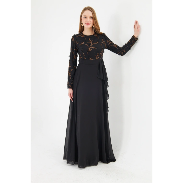 Kadın İşlemeli Uzun Kollu Maxi Şifon Abiye Elbise