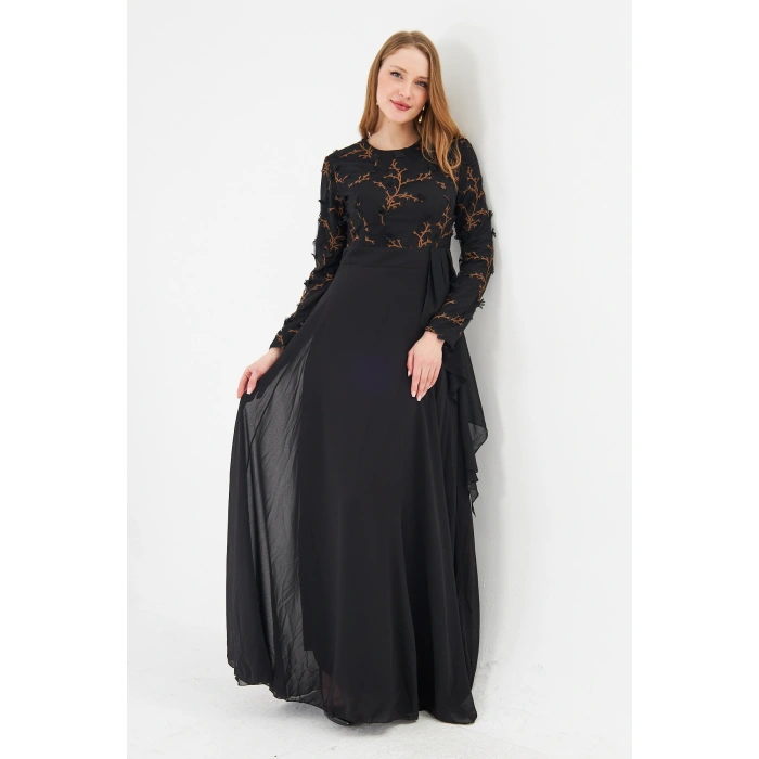 Kadın İşlemeli Uzun Kollu Maxi Şifon Abiye Elbise