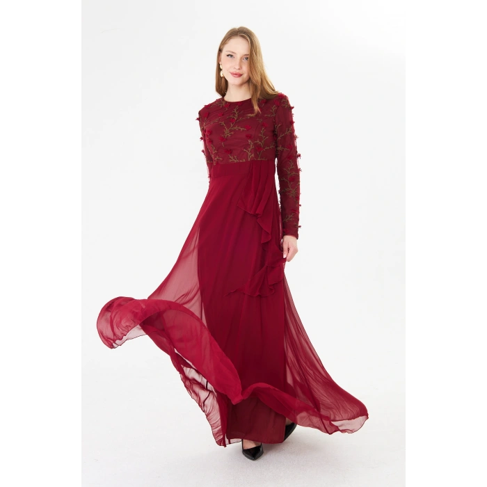 Kadın İşlemeli Uzun Kollu Maxi Şifon Abiye Elbise