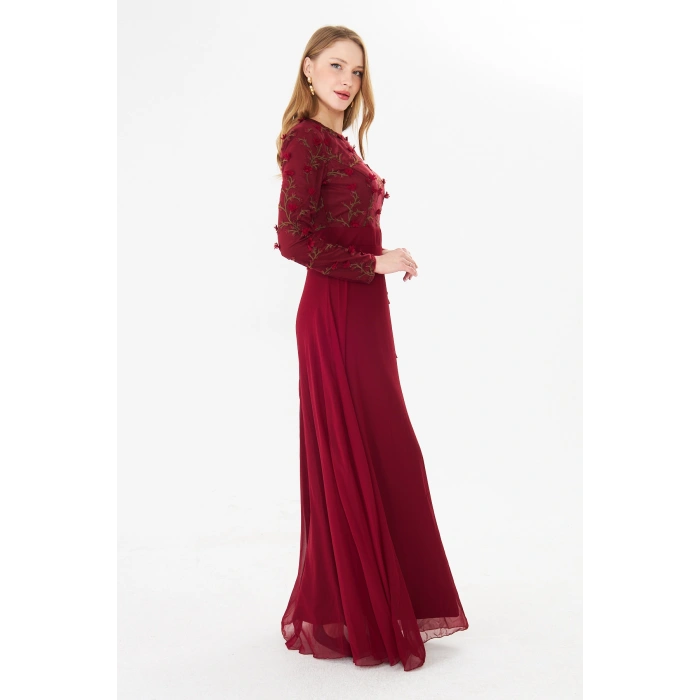 Kadın İşlemeli Uzun Kollu Maxi Şifon Abiye Elbise