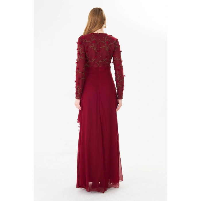 Kadın İşlemeli Uzun Kollu Maxi Şifon Abiye Elbise