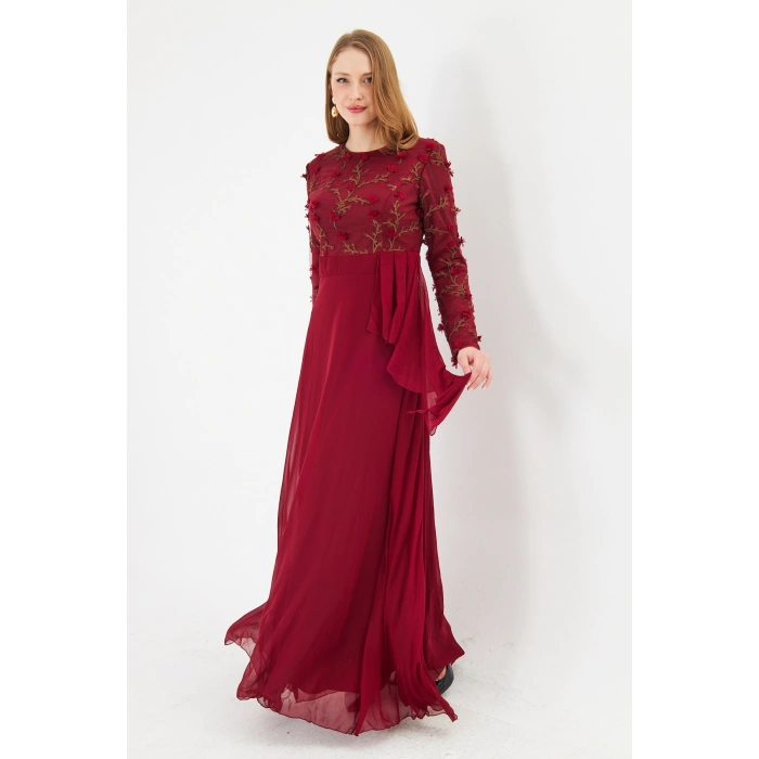 Kadın İşlemeli Uzun Kollu Maxi Şifon Abiye Elbise