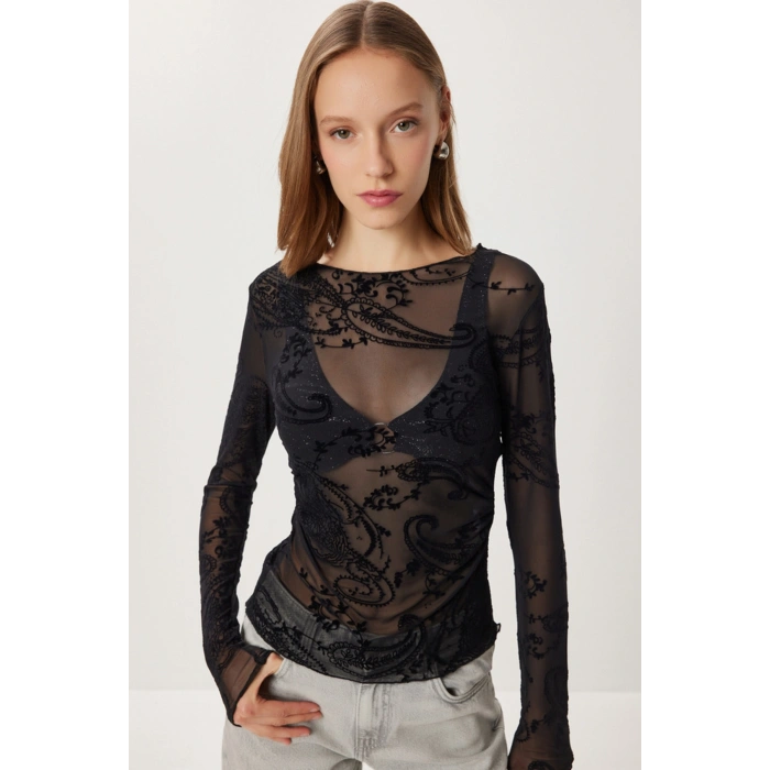 Flok Baskılı Büzgülü Transparan Bluz