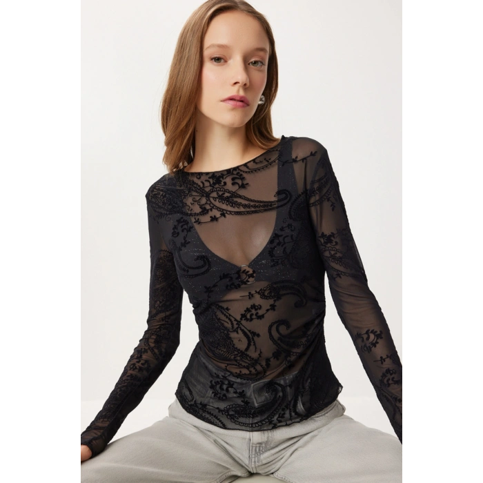 Flok Baskılı Büzgülü Transparan Bluz