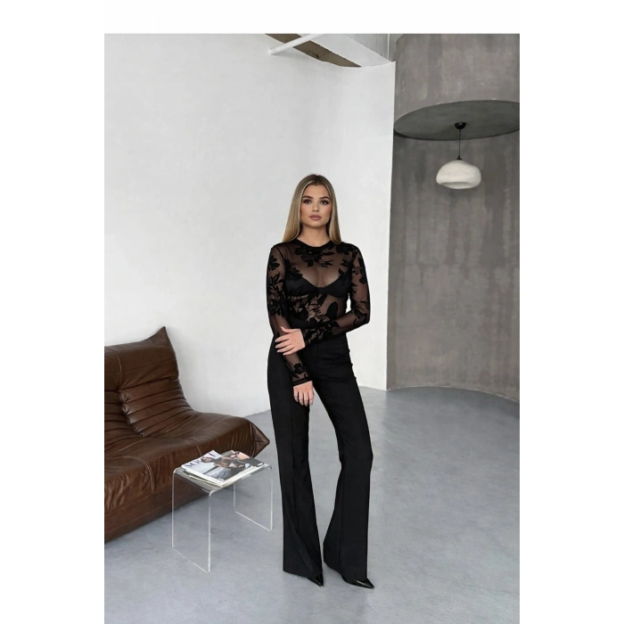 Kadın Bisiklet Yaka Transparan Tül Bluz Kadife Çiçek Desenli Şık Davet Üst