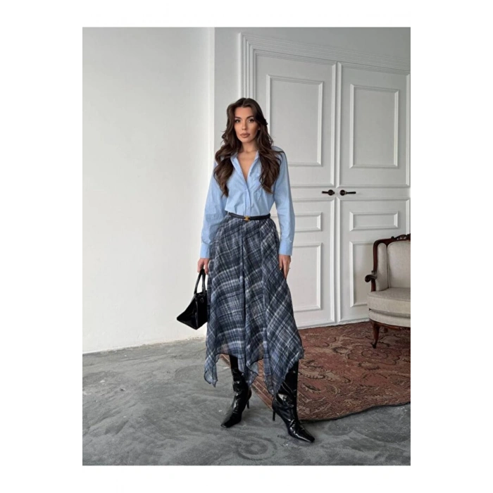 Ekose Desenli Asimetrik Kesim Şifon Midi Etek