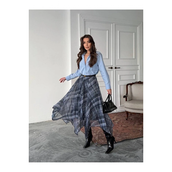 Ekose Desenli Asimetrik Kesim Şifon Midi Etek