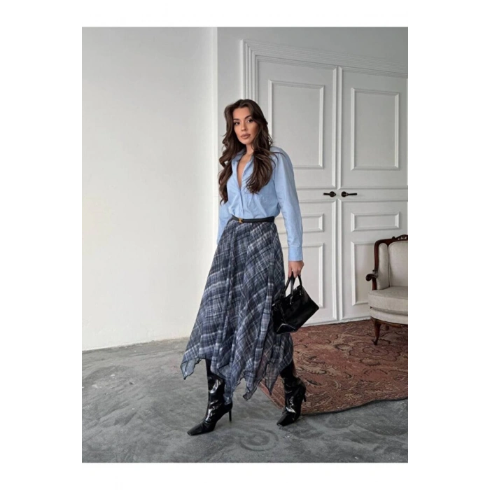 Ekose Desenli Asimetrik Kesim Şifon Midi Etek