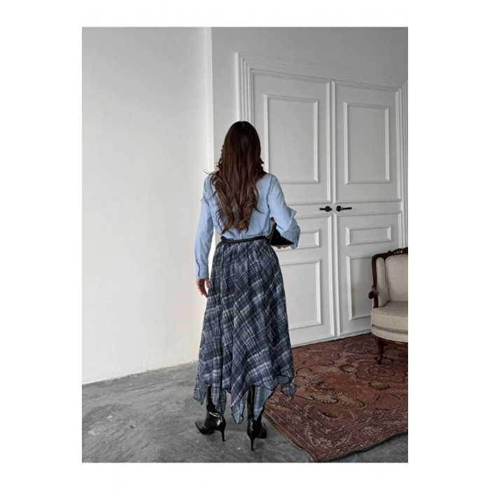 Ekose Desenli Asimetrik Kesim Şifon Midi Etek