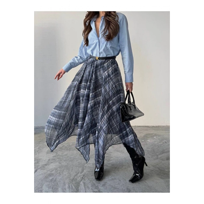 Ekose Desenli Asimetrik Kesim Şifon Midi Etek