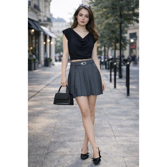 Kadın Yüksek Bel Pileli Mini Etek – Kemerli Şık Tasarım