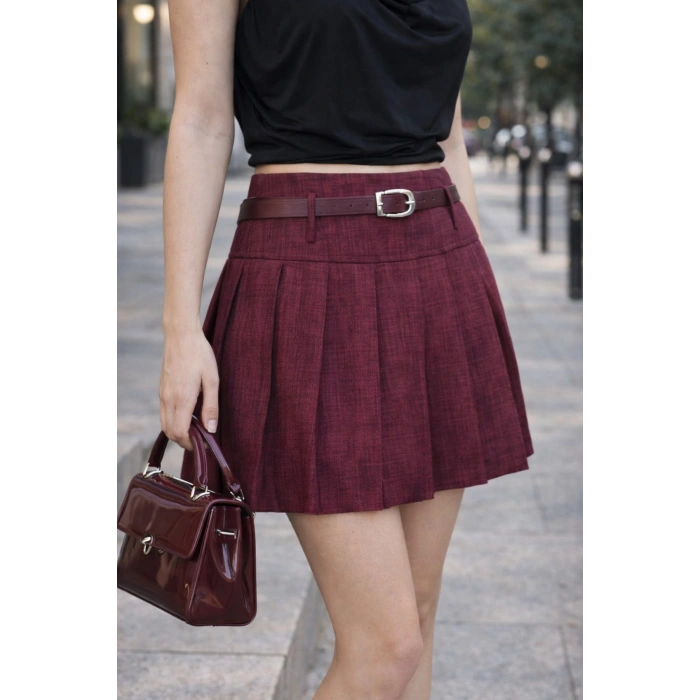 Kadın Yüksek Bel Pileli Mini Etek – Kemerli Şık Tasarım