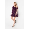 Mor Dantel Mini Abiye Elbise | Tek Omuz Volanlı, Uzun Kollu, Davet & Mezuniyet Elbisesi
