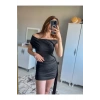 Omuzdan Askılı Kuyruklu Büzgülü Mini Siyah Elbise