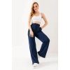 Kadın Lacivert Beli Cırtlı Yüksek Bel Trend Palazzo Pantolon
