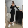 Siyah Kare Yaka Uzun Kollu Likralı Maxi Uzun Elbise