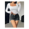 Kare Yaka Basic Dar Kesim Uzun Kollu Body Full Likralı Tam kalıp
