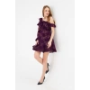 Mor Dantel Mini Abiye Elbise | Tek Omuz Volanlı, Uzun Kollu, Davet & Mezuniyet Elbisesi