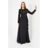 Kadın İşlemeli Uzun Kollu Maxi Şifon Abiye Elbise