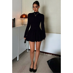 Kadın Yüksek Yaka Balon Etek Mini Elbise Mevsimlik ve Kışlık