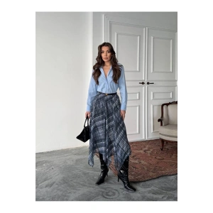 Ekose Desenli Asimetrik Kesim Şifon Midi Etek