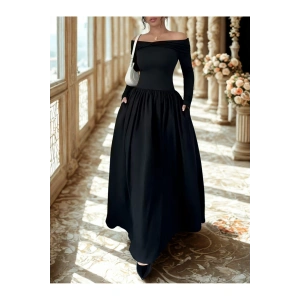 Kadın, Yaka Detaylı Uzun Kollu, Siyah, Cepli Uzun Elbise