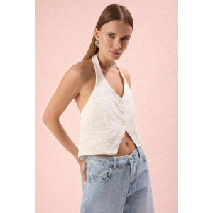 Beyaz Fitted V Yaka Astarlı Brode/Fisto Yelek/Bluz