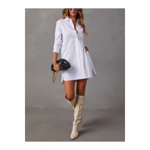 Premium Likralı Beyaz Gömlek Elbise – Pamuk-Cepli, İç Göstermez, Oversize Tasarım