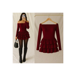 Kadın Kayık Yaka Volanlı Mini Elbise – Uzun Kollu