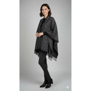 Kadın Gri Çift Taraflı Omuz Şalı Panço 130x160