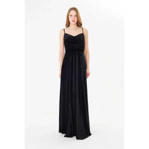 Askılı Drapeli Uzun Abiye Elbise – Şık Gece Davet Düğün Elbisesi