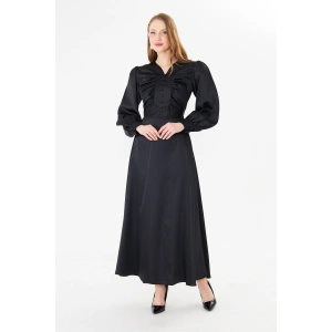 Uzun Kollu Düğme Detaylı Maxi Elbise