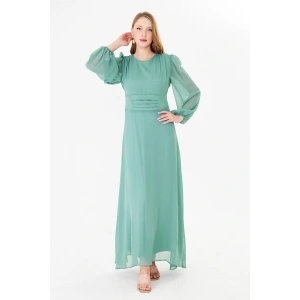 Balon Kollu Pileli Şifon Maxi Elbise – Astarlı Zarif Tasarım