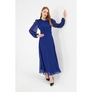 Balon Kollu Pileli Şifon Maxi Elbise – Astarlı Zarif Tasarım