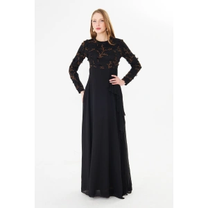 Kadın İşlemeli Uzun Kollu Maxi Şifon Abiye Elbise