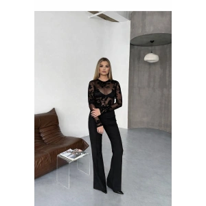 Kadın Bisiklet Yaka Transparan Tül Bluz Kadife Çiçek Desenli Şık Davet Üst