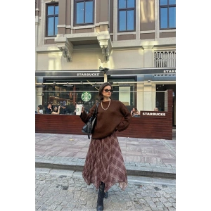 Ekose Desenli Asimetrik Kesim Şifon Midi Etek