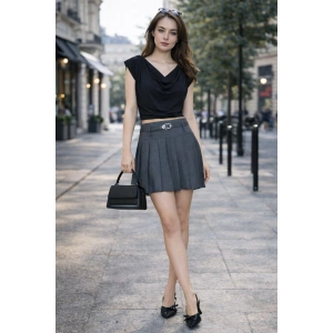 Kadın Yüksek Bel Pileli Mini Etek – Kemerli Şık Tasarım