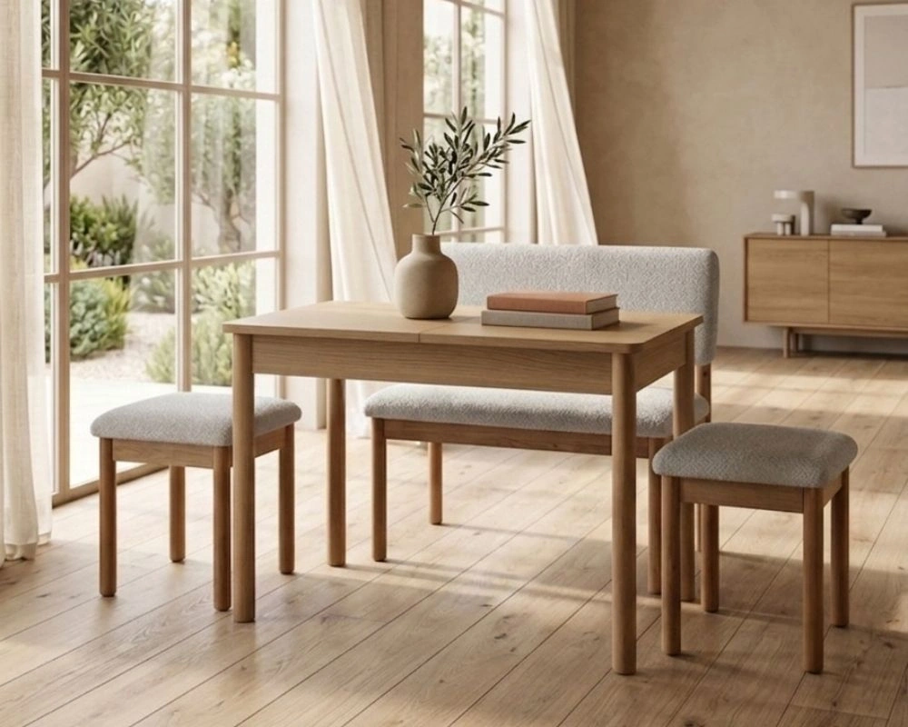 Nuu Minimal Açılır Mutfak Masa Takımı (1 Masa + 2 Tabure + 1 Sırtlı Bench)
