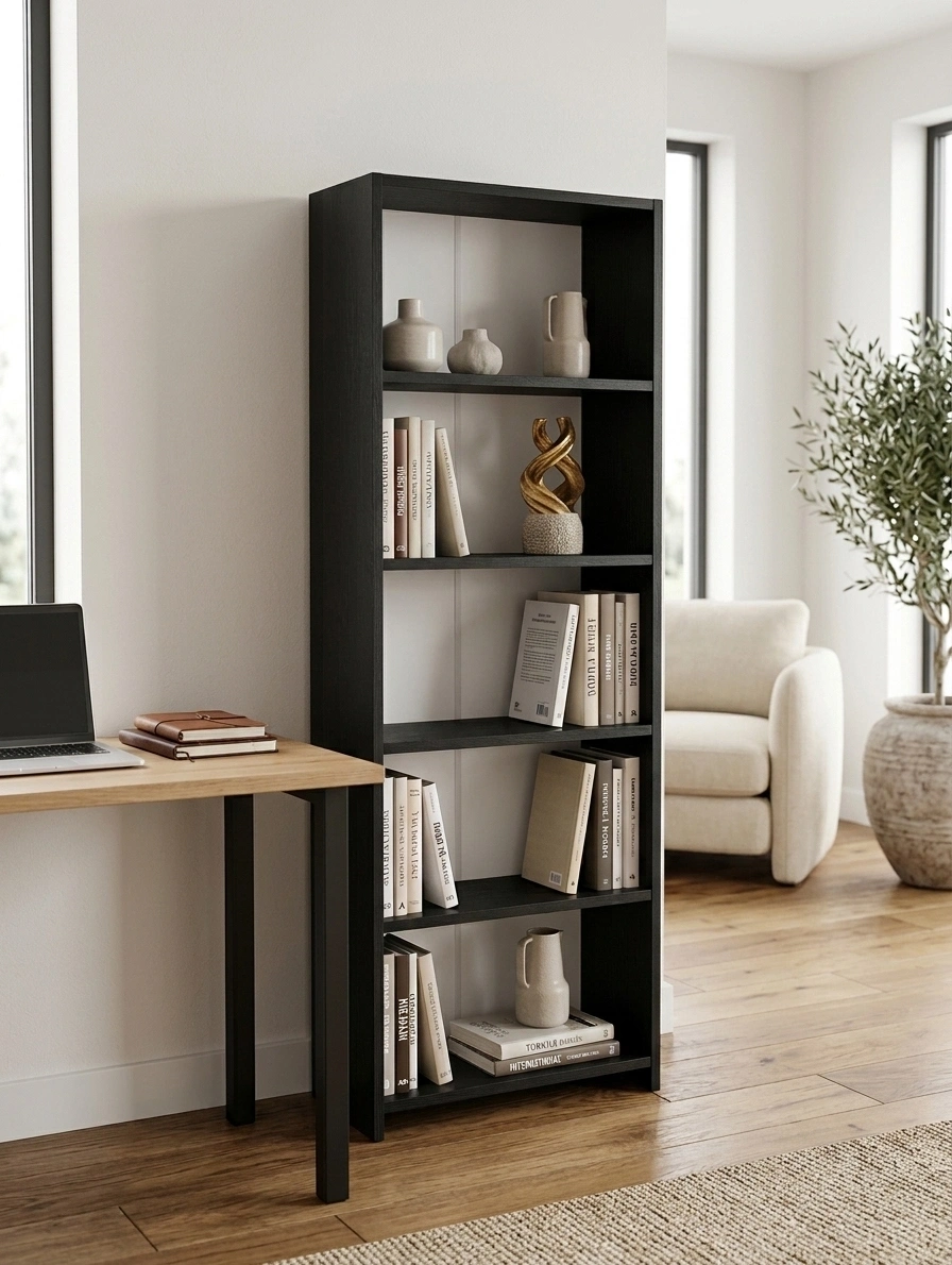 5 Raflı Kitaplık %100 MDF - Siyah